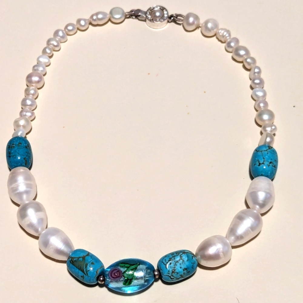 OOAK Baroque Pearl, Turquoise and Art Glass Choker